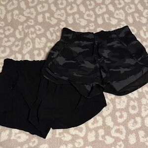 Women's Athleta Black Hustle 3” Shorts and Printed Mesh Racer Run Shorts 4” Camo